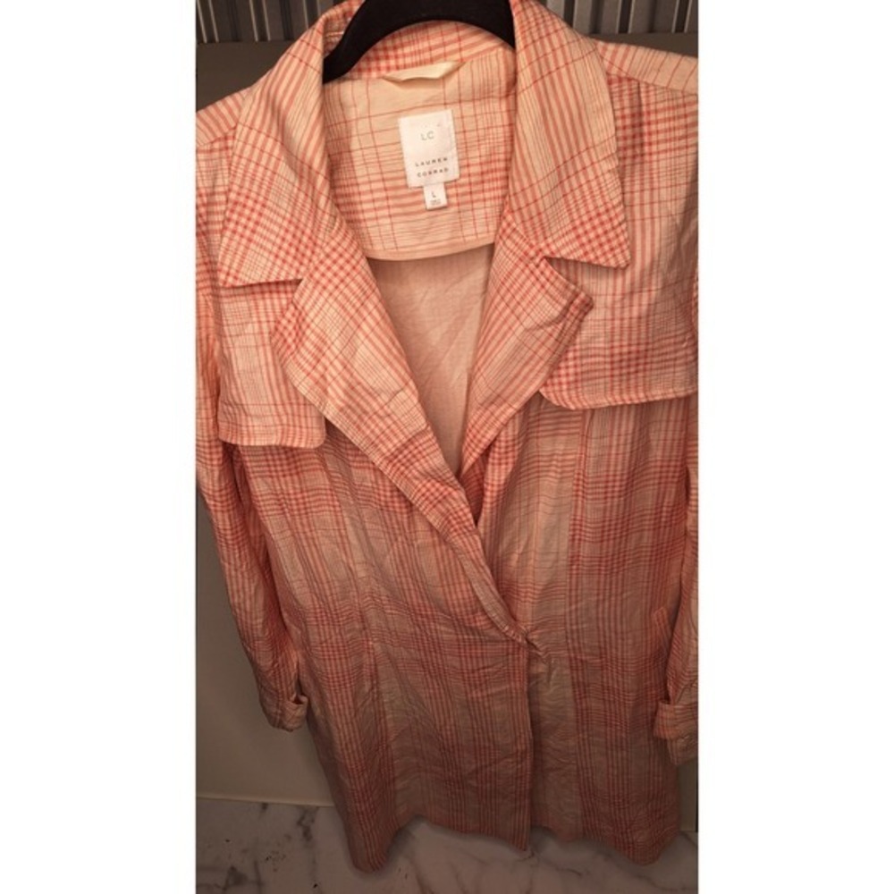 LC Lauren Conrad Womens Coral Plaid Lightweight Trench Coat Large - Picture 4 of 9